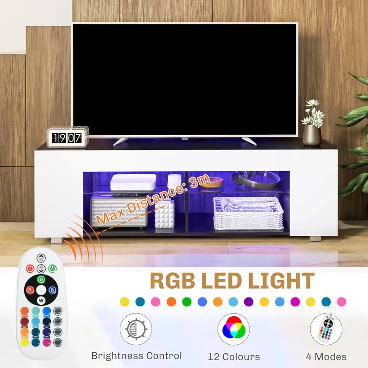 HOMCOM TV Stand, 145cm Modern TV Unit with Glass Shelves, RGB LED Light for 32 40 43 50 52 55 60 inch 4k TV in White