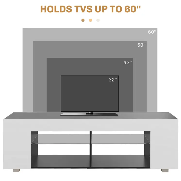 HOMCOM TV Stand, 145cm Modern TV Unit with Glass Shelves, RGB LED Light for 32 40 43 50 52 55 60 inch 4k TV in White