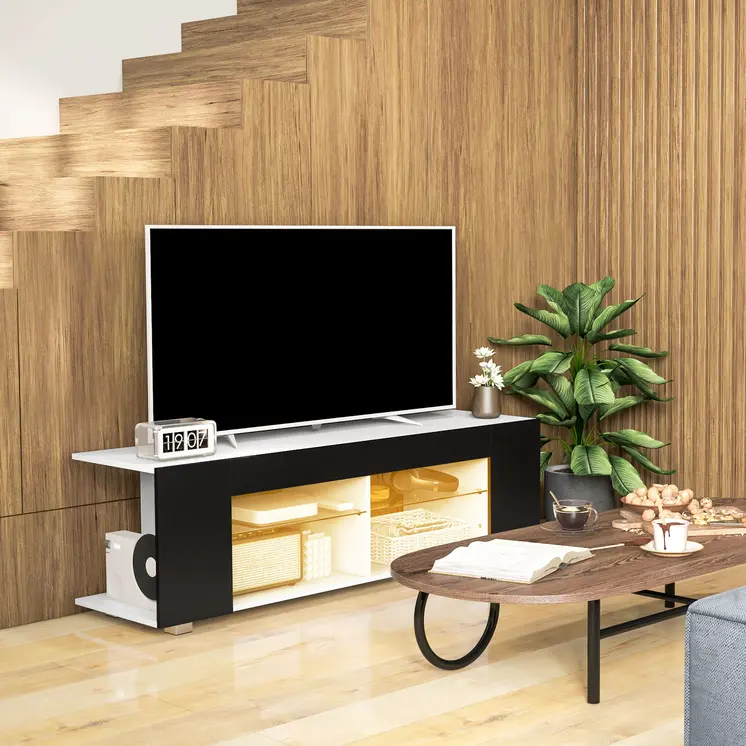 Modern TV Stand, 145cm TV Unit with Glass Shelves, RGB LED Light for 32 40 43 50 52 55 60 inch 4k TV, Black | HOMCOM