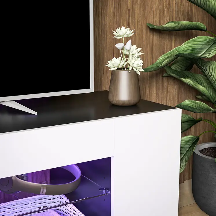 HOMCOM TV Stand, 145cm Modern TV Unit with Glass Shelves, RGB LED Light for 32 40 43 50 52 55 60 inch 4k TV in White