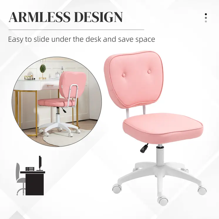 Vanity Office Chair, PU Leather Computer Chair for Home, with Adjustable Height, Armless, Swivel Wheels, Pink by Vinsetto