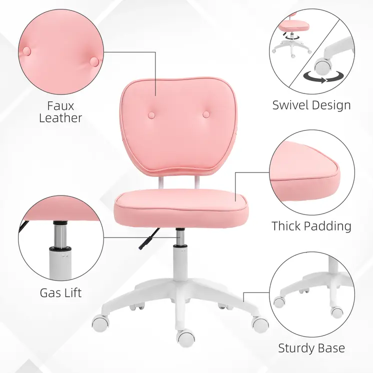Vanity Office Chair, PU Leather Computer Chair for Home, with Adjustable Height, Armless, Swivel Wheels, Pink by Vinsetto