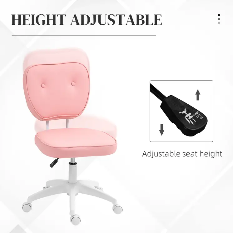 Vanity Office Chair, PU Leather Computer Chair for Home, with Adjustable Height, Armless, Swivel Wheels, Pink by Vinsetto