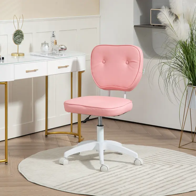 Vanity Office Chair, PU Leather Computer Chair for Home, with Adjustable Height, Armless, Swivel Wheels, Pink by Vinsetto