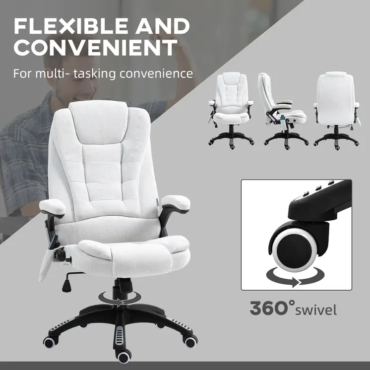 Vinsetto Massage Office Chair with 6 Heated Vibration Points, Executive Office Chair with Linen-Feel Fabric 360°, Swivel Wheels in Cream White