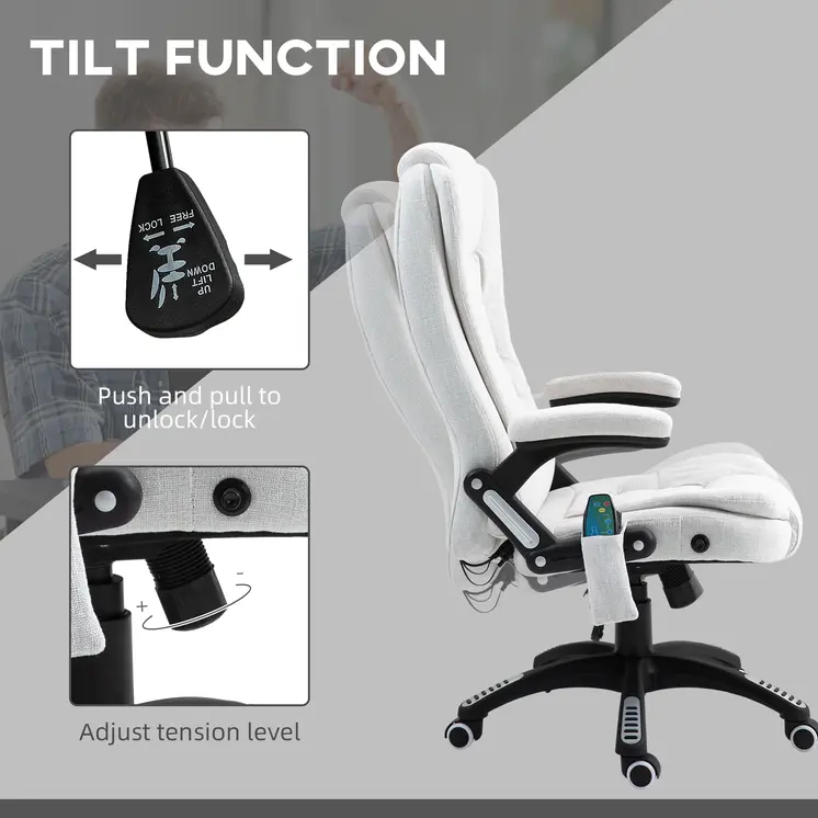 Vinsetto Massage Office Chair with 6 Heated Vibration Points, Executive Office Chair with Linen-Feel Fabric 360°, Swivel Wheels in Cream White