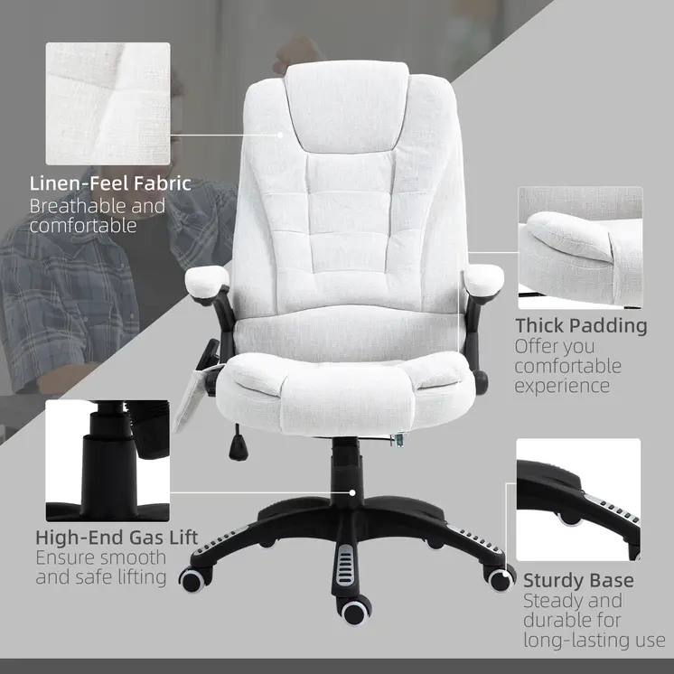 Vinsetto Massage Office Chair with 6 Heated Vibration Points, Executive Office Chair with Linen-Feel Fabric 360°, Swivel Wheels in Cream White