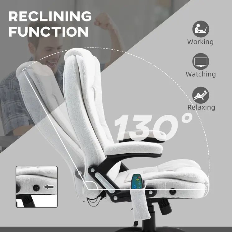 Vinsetto Massage Office Chair with 6 Heated Vibration Points, Executive Office Chair with Linen-Feel Fabric 360°, Swivel Wheels in Cream White