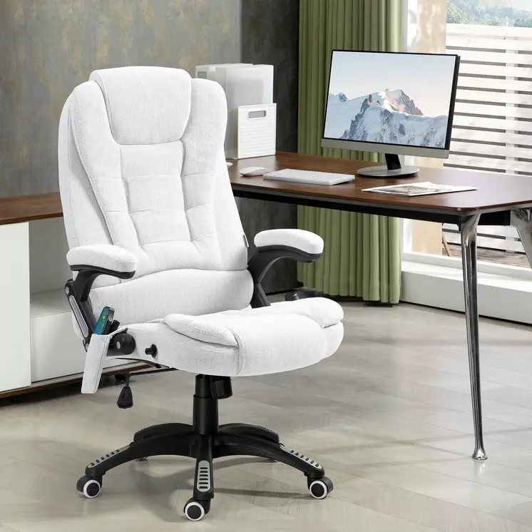 Vinsetto Massage Office Chair with 6 Heated Vibration Points, Executive Office Chair with Linen-Feel Fabric 360°, Swivel Wheels in Cream White