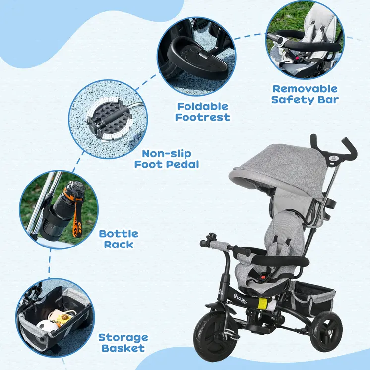4 in 1 Kids Trike Push Bike with Push Handle, Canopy, 5-point Safety Belt, Storage, Footrest, Brake, for 1-5 Years in Grey | HOMCOM