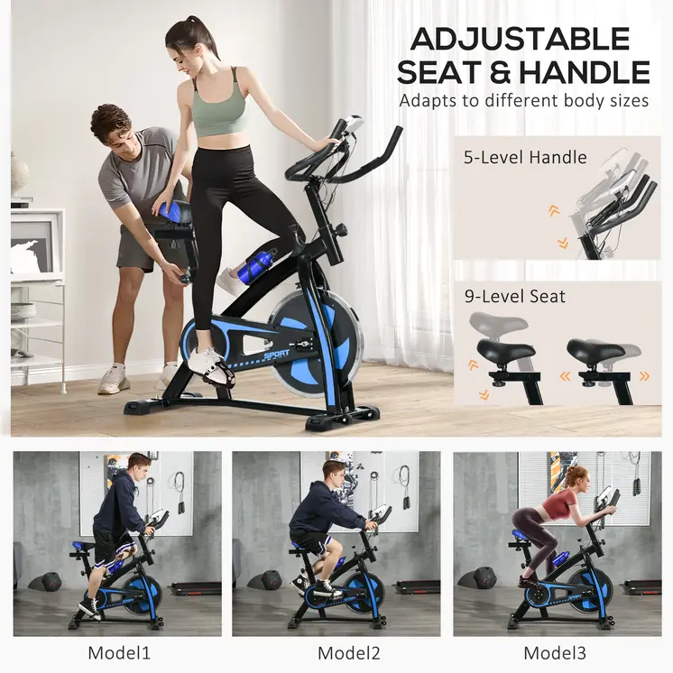 Exercise Bike, Indoor Stationary Bike, Cycling Machine with Adjustable Seat and Resistance for Home Gym Workout, Blue by SPORTNOW