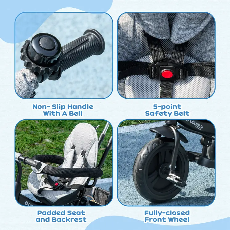 4 in 1 Kids Trike Push Bike with Push Handle, Canopy, 5-point Safety Belt, Storage, Footrest, Brake, for 1-5 Years in Grey | HOMCOM
