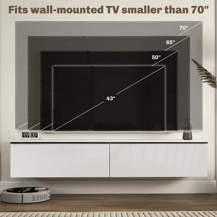 160cm High Gloss Floating TV Unit Stand for TVs up to 70", Wall Mounted TV Cabinet with Storage Cupboards in White by HOMCOM
