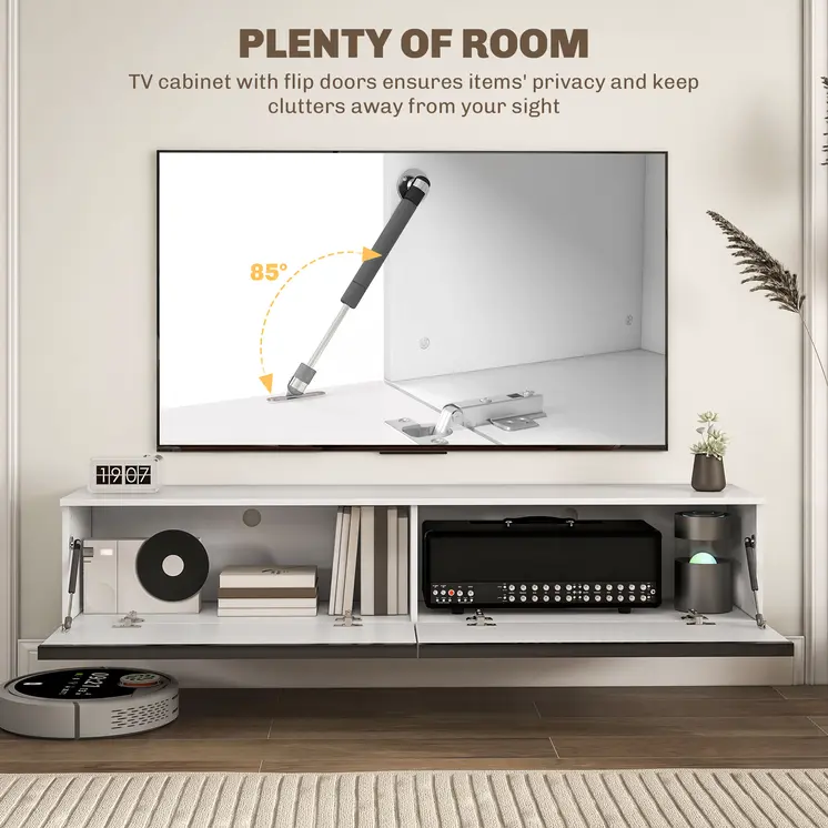 160cm High Gloss Floating TV Unit Stand for TVs up to 70", Wall Mounted TV Cabinet with Storage Cupboards in White by HOMCOM