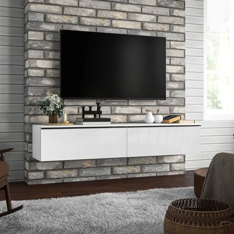 160cm High Gloss Floating TV Unit Stand for TVs up to 70", Wall Mounted TV Cabinet with Storage Cupboards in White by HOMCOM