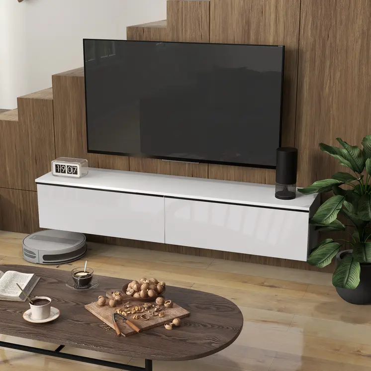 160cm High Gloss Floating TV Unit Stand for TVs up to 70", Wall Mounted TV Cabinet with Storage Cupboards in White by HOMCOM