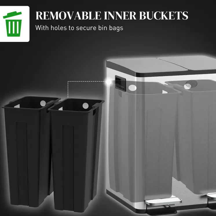 HOMCOM 2 x 20L Pedal Bin, Steel Dual Kitchen Bin with Soft Close Lid, Removable Inner Buckets, Fingerprint-Proof, Silver