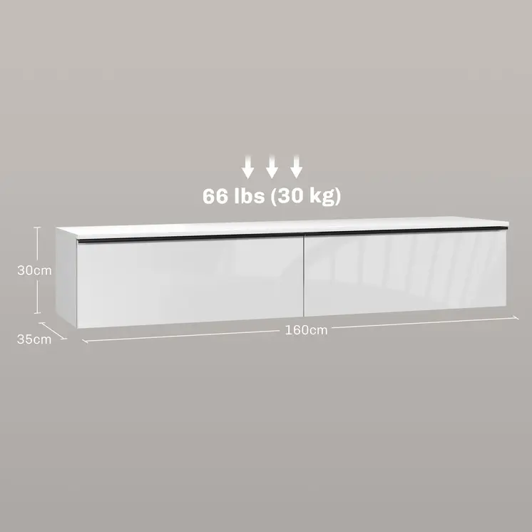 160cm High Gloss Floating TV Unit Stand for TVs up to 70", Wall Mounted TV Cabinet with Storage Cupboards in White by HOMCOM