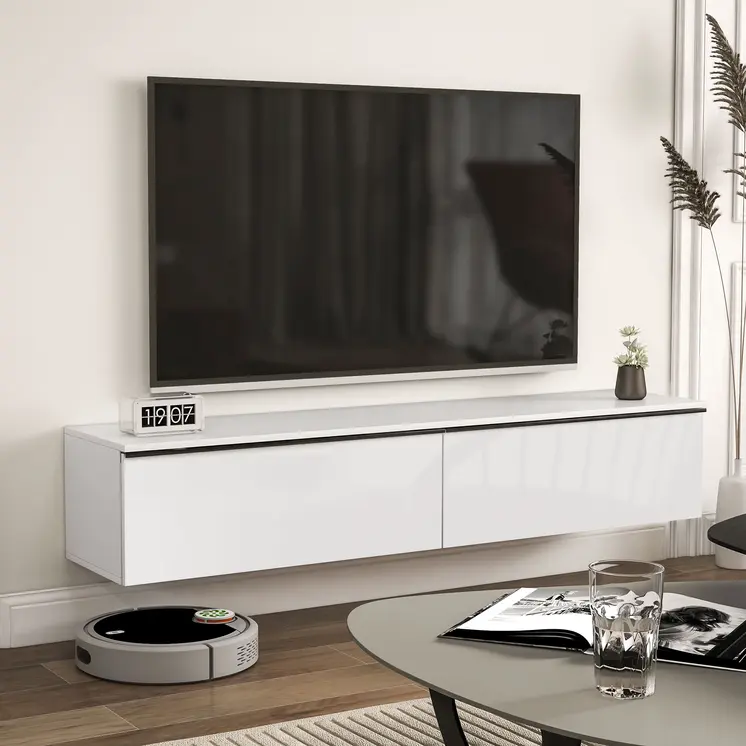 160cm High Gloss Floating TV Unit Stand for TVs up to 70", Wall Mounted TV Cabinet with Storage Cupboards in White by HOMCOM