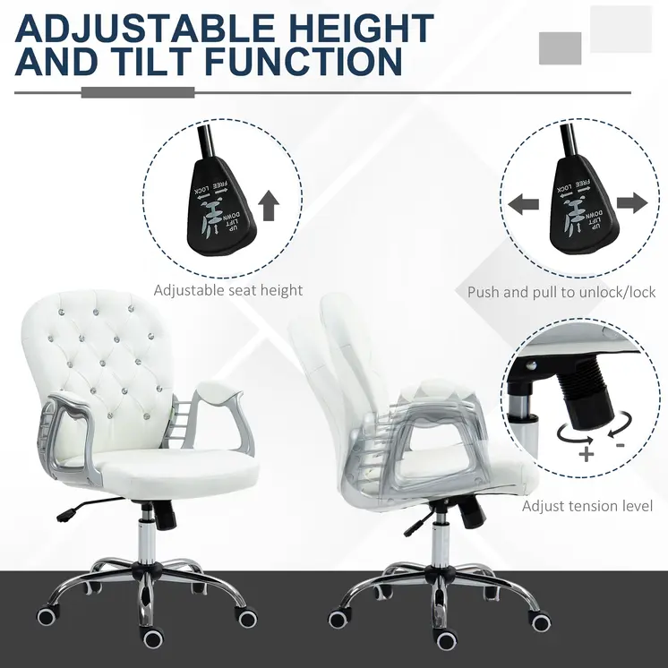 Home or Office Chair with 360° Swivel, PU Diamante Padded, Base 5 Castor Wheels, Ergonomic Desk Chair in White by Vinsetto