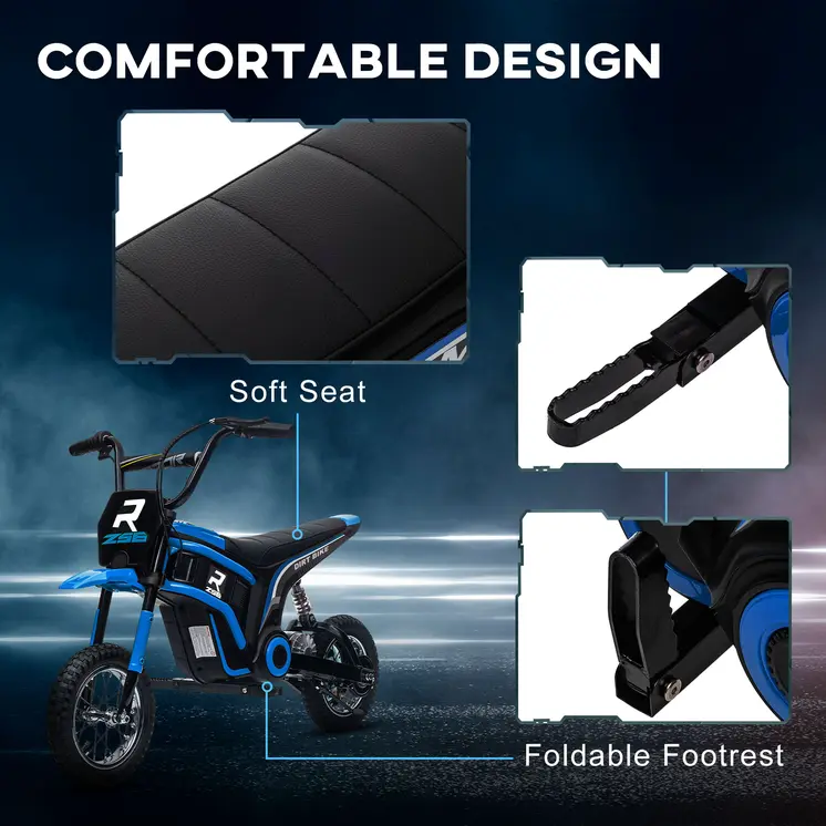 HOMCOM 24V Electric Motorbike with Twist Grip Throttle, Music, Horn, 12" Pneumatic Tyres, 16km/h Max Speed in Blue