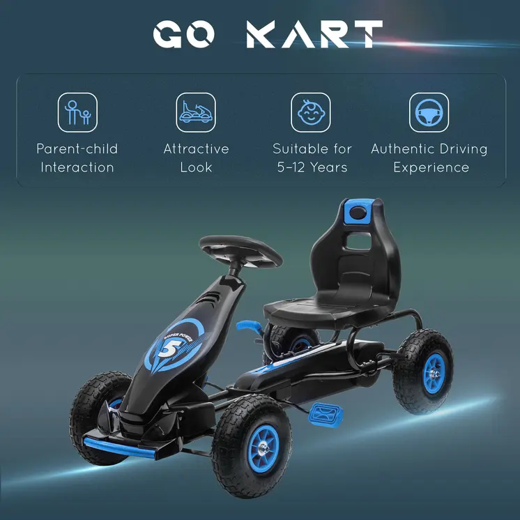Kids Pedal Go Kart with Adjustable Seat, Inflatable Tyres in Blue by HOMCOM
