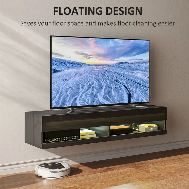 HOMCOM Floating TV Unit Wall Mounted TV Cabinet, High Gloss Media Wall Unit with LED Lights, Storages Shelves for Living Entertainment Room in Black