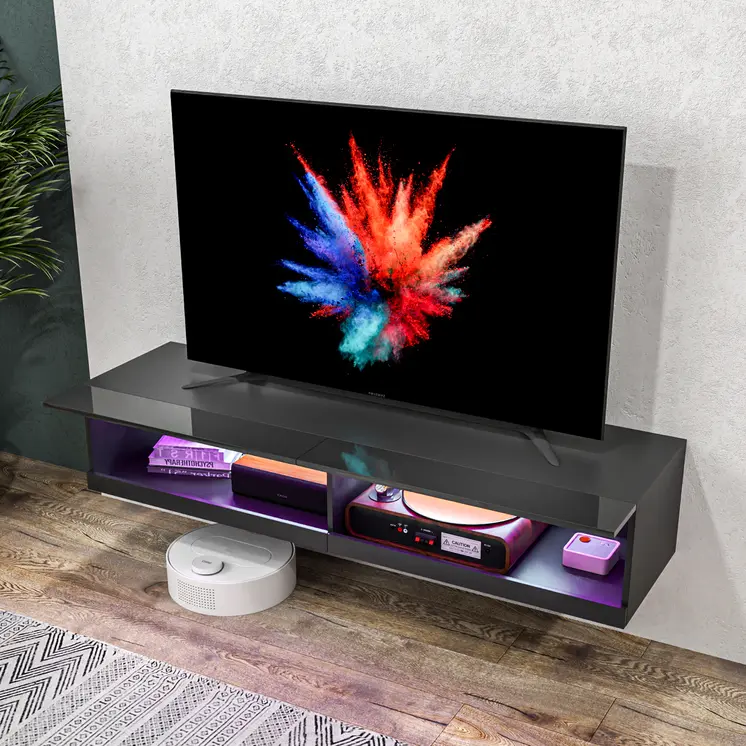 HOMCOM Floating TV Unit Wall Mounted TV Cabinet, High Gloss Media Wall Unit with LED Lights, Storages Shelves for Living Entertainment Room in Black