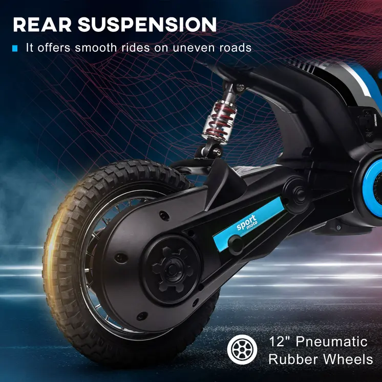 HOMCOM 24V Electric Motorbike with Twist Grip Throttle, Music, Horn, 12" Pneumatic Tyres, 16km/h Max Speed in Blue