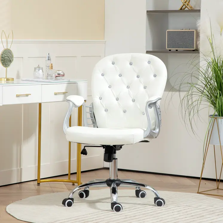 Home or Office Chair with 360° Swivel, PU Diamante Padded, Base 5 Castor Wheels, Ergonomic Desk Chair in White by Vinsetto