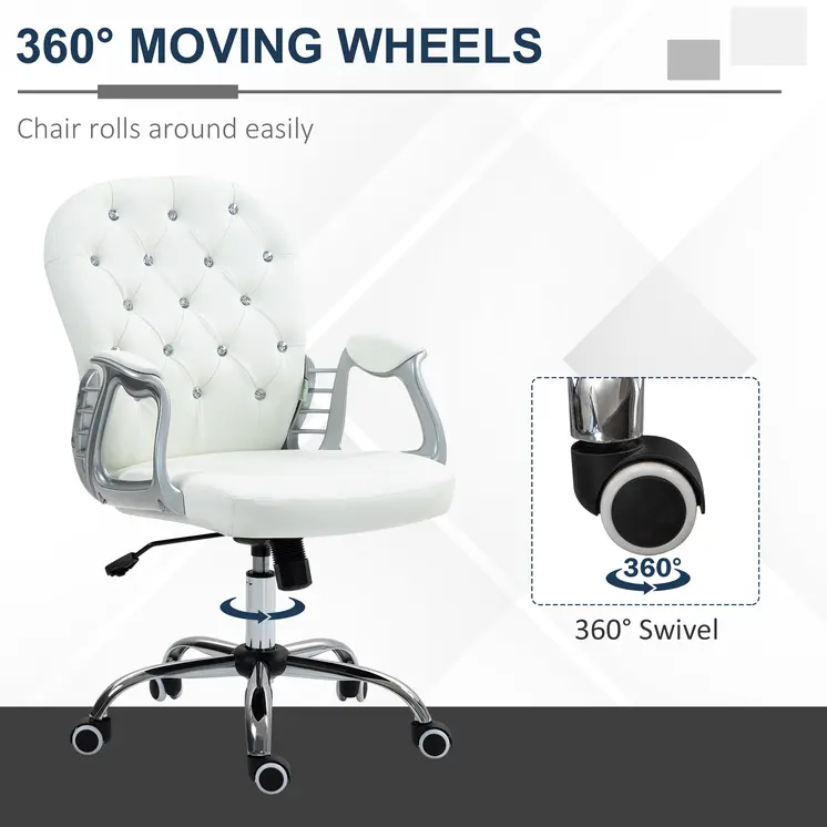 Home or Office Chair with 360° Swivel, PU Diamante Padded, Base 5 Castor Wheels, Ergonomic Desk Chair in White by Vinsetto