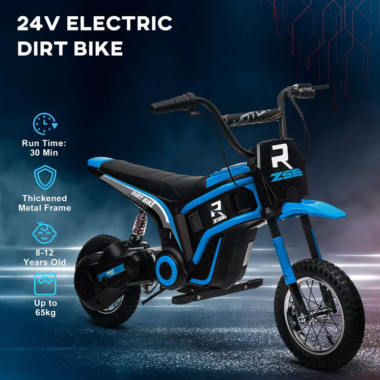 HOMCOM 24V Electric Motorbike with Twist Grip Throttle, Music, Horn, 12" Pneumatic Tyres, 16km/h Max Speed in Blue