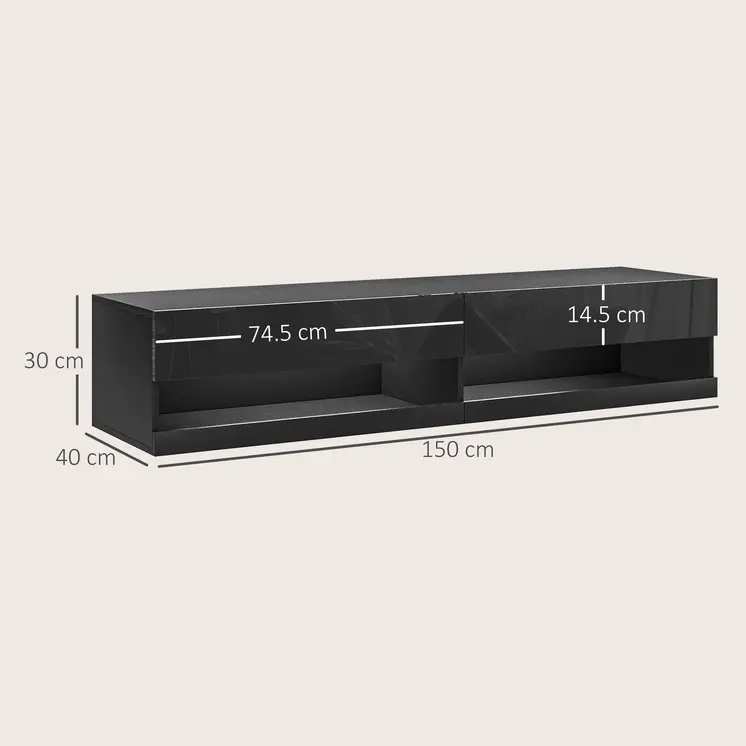 HOMCOM Floating TV Unit Wall Mounted TV Cabinet, High Gloss Media Wall Unit with LED Lights, Storages Shelves for Living Entertainment Room in Black