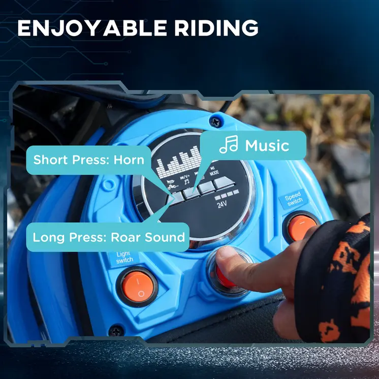 HOMCOM 24V Electric Motorbike with Twist Grip Throttle, Music, Horn, 12" Pneumatic Tyres, 16km/h Max Speed in Blue