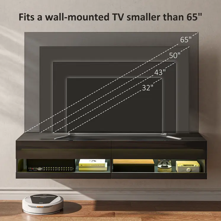 HOMCOM Floating TV Unit Wall Mounted TV Cabinet, High Gloss Media Wall Unit with LED Lights, Storages Shelves for Living Entertainment Room in Black