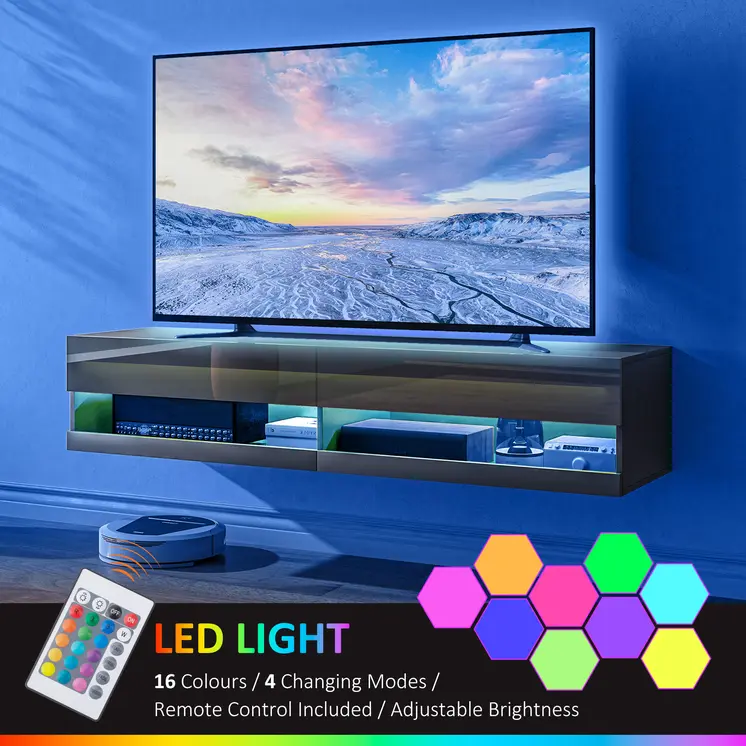 HOMCOM Floating TV Unit Wall Mounted TV Cabinet, High Gloss Media Wall Unit with LED Lights, Storages Shelves for Living Entertainment Room in Black