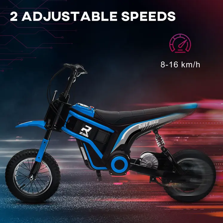 HOMCOM 24V Electric Motorbike with Twist Grip Throttle, Music, Horn, 12" Pneumatic Tyres, 16km/h Max Speed in Blue