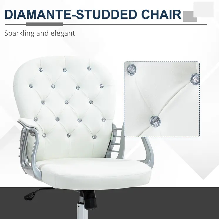 Home or Office Chair with 360° Swivel, PU Diamante Padded, Base 5 Castor Wheels, Ergonomic Desk Chair in White by Vinsetto