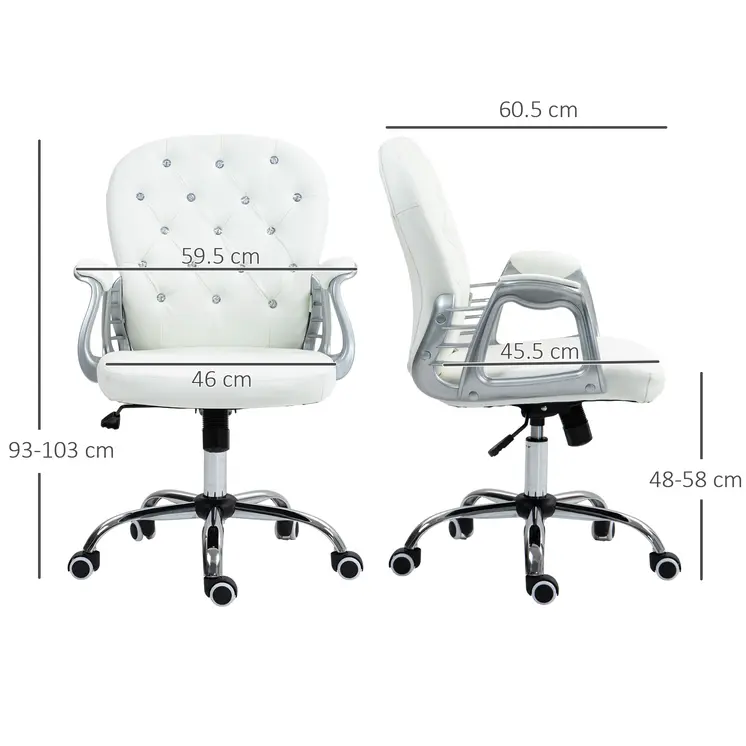 Home or Office Chair with 360° Swivel, PU Diamante Padded, Base 5 Castor Wheels, Ergonomic Desk Chair in White by Vinsetto