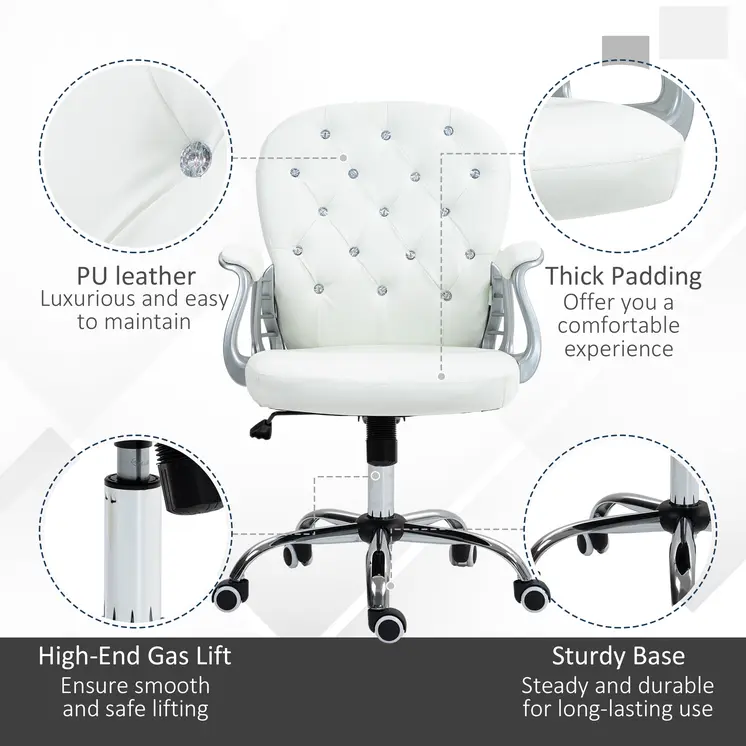 Home or Office Chair with 360° Swivel, PU Diamante Padded, Base 5 Castor Wheels, Ergonomic Desk Chair in White by Vinsetto