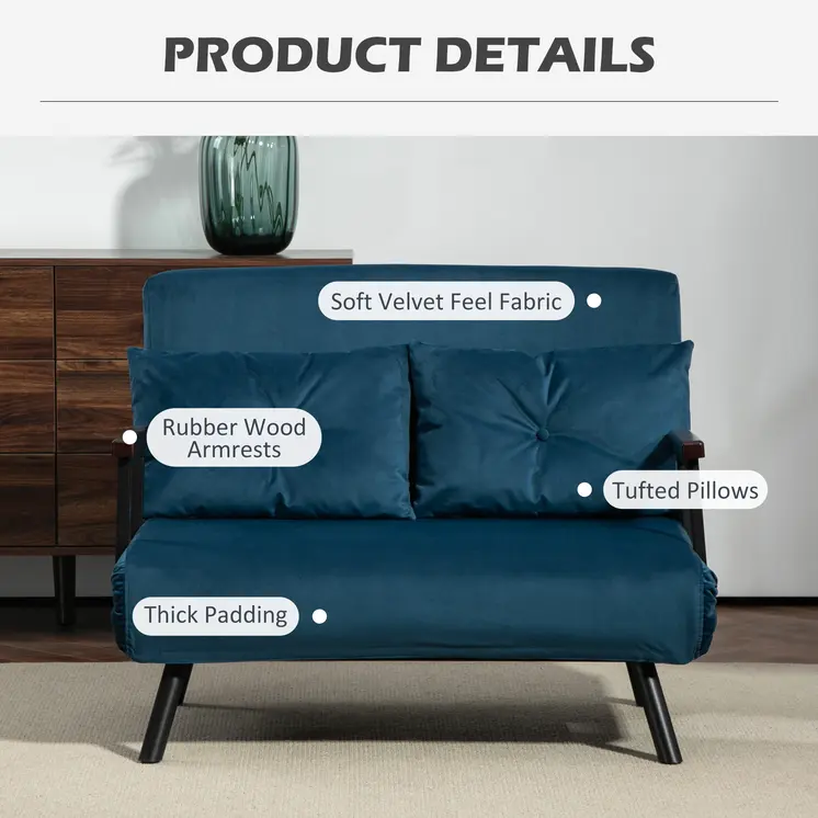 Click Clack Sofa Bed, Convertible 2 Seater Sofa Couch with 2 Cushions, for Living Room, Bedroom in Navy Blue by HOMCOM