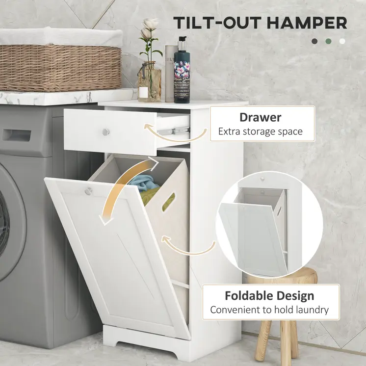 Bathroom Cabinet with Laundry Basket, Bathroom Storage Unit with Foldable Laundry Hamper and Drawer for Washroom, White by HOMCOM