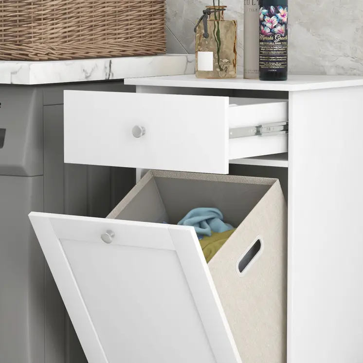 Bathroom Cabinet with Laundry Basket, Bathroom Storage Unit with Foldable Laundry Hamper and Drawer for Washroom, White by HOMCOM