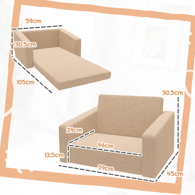 Kids 2 in 1 Sofa Beds Convertible Sofa Armchair, Foldable Recliner for Bedroom, Playroom, Living Room | AIYAPLAY