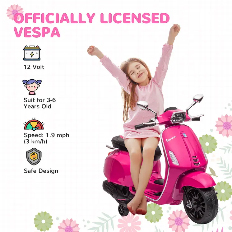 12V Vespa Licensed Kids Electric Scooter Motorbike w/ Music, Headlights, FM Radio, for 3-6 Years - Pink | AIYAPLAY