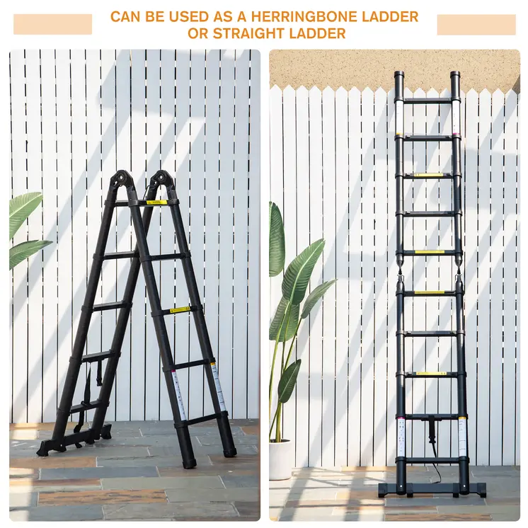 DURHAND 3.2m/10.5ft Extendable Telescopic Ladder, Aluminium Ladder with Anti-slip Pedals, Portable Foldable 10 Step Ladder, 150kg Capacity, EN131 in Black
