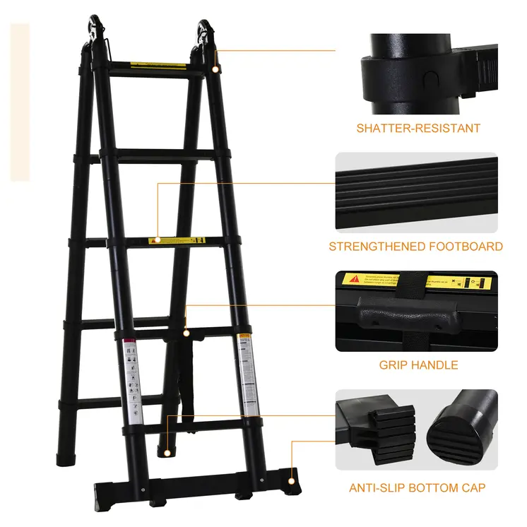 DURHAND 3.2m/10.5ft Extendable Telescopic Ladder, Aluminium Ladder with Anti-slip Pedals, Portable Foldable 10 Step Ladder, 150kg Capacity, EN131 in Black