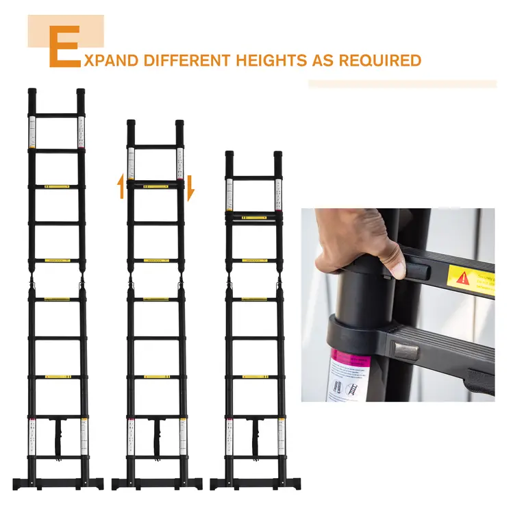 DURHAND 3.2m/10.5ft Extendable Telescopic Ladder, Aluminium Ladder with Anti-slip Pedals, Portable Foldable 10 Step Ladder, 150kg Capacity, EN131 in Black