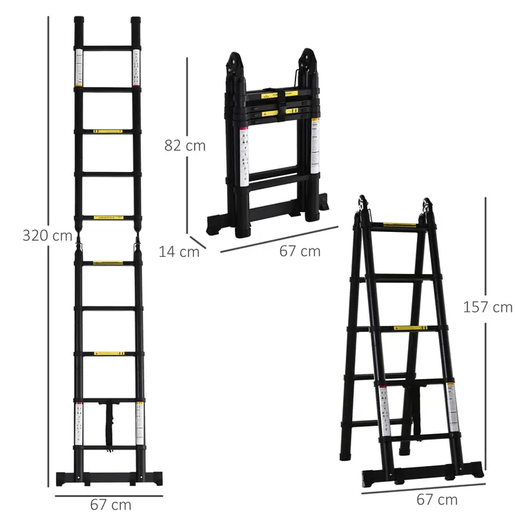 DURHAND 3.2m/10.5ft Extendable Telescopic Ladder, Aluminium Ladder with Anti-slip Pedals, Portable Foldable 10 Step Ladder, 150kg Capacity, EN131 in Black