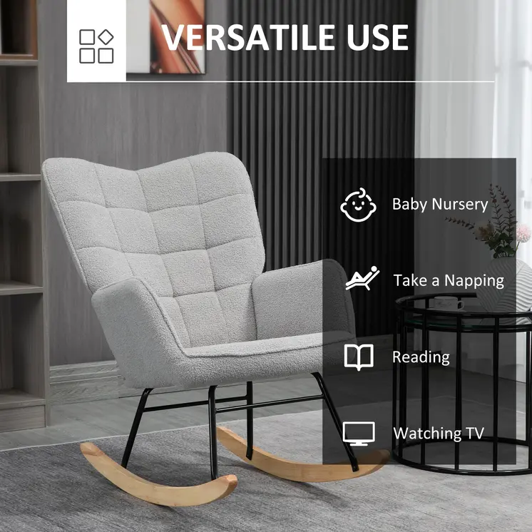 HOMCOM Berber Fleece Nursery Glider Rocker for Nursing, Wingback Rocking Chair for Living Room in Light Grey